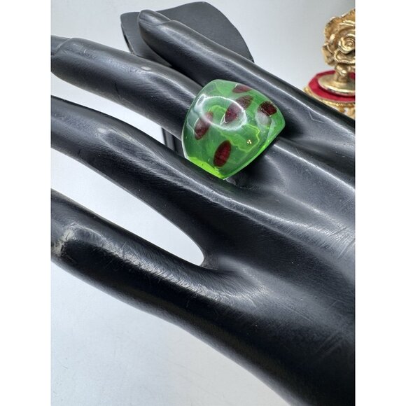 Bohemian Art Abstract Green And Red Watermelon Hand Blown Glass Bling Ring sz 7 - Picture 3 of 9